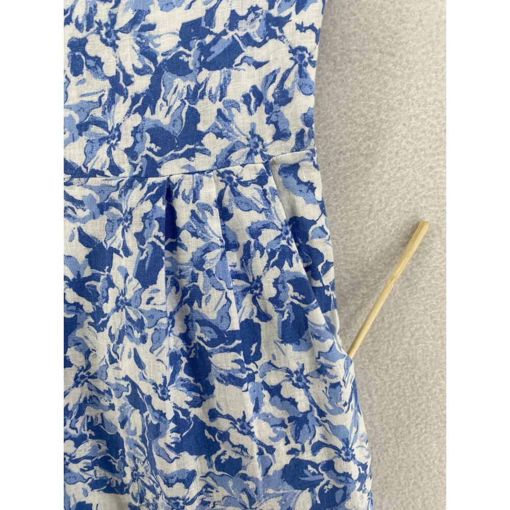 QUINCE Dress M Linen Scoop Neck Midi Sleeveless Floral Smocked Back Blue NEW - Picture 6 of 16